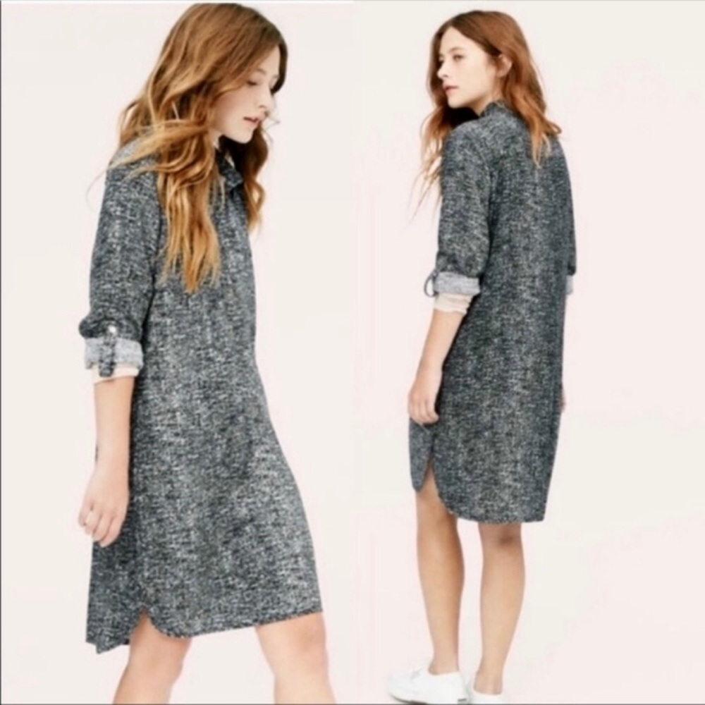 LOU & GREY COMPOSITION POP-OVER HENLEY DROP-TAIL CURVED HEM B/W SHIRTDRESS. SzM